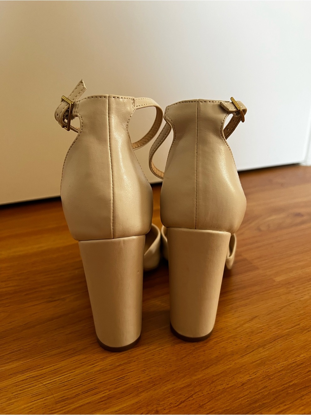 Lulu's Nude Ankle-Strap Block Heels with Gold Metallic Heel - Picture 6 of 7